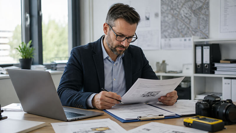 Sachverständiger prüft Unterlagen, Fotos und Dokumente zur Erstellung eines Gutachtens.