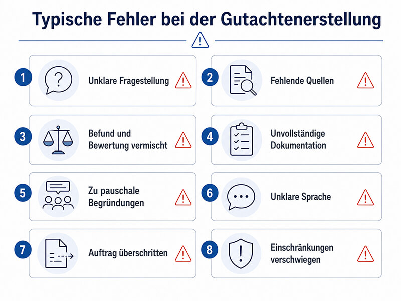 Schaubild mit typischen Fehlern bei der Gutachtenerstellung wie unklare Fragestellung, fehlende Quellen, vermischter Befund und unvollständige Dokumentation.