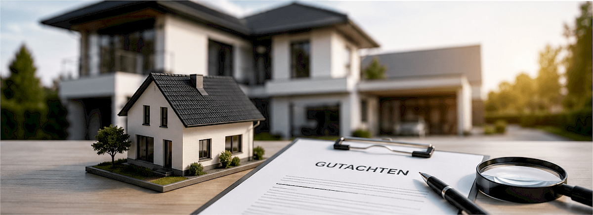 Immobiliengutachter prüft Unterlagen und Marktdaten zur Bewertung einer Immobilie